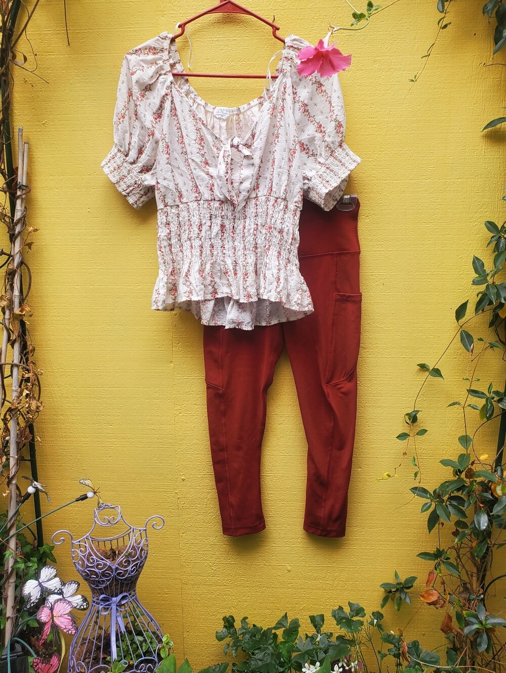 Rust High-Waist Ponte Pants for Women With Floral Top